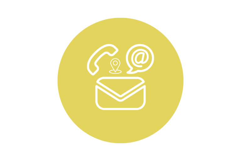 Symbol für Kontaktmöglichkeiten: Telefon, E-Mail und Chat in einem gelben Kreis.