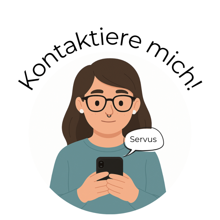 Comicähnliche Frau mit Brille hält ein Smartphone und sagt "Servus".