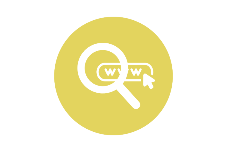 Lupe-Symbol in einem gelben Kreis mit einem Link-Symbol.
