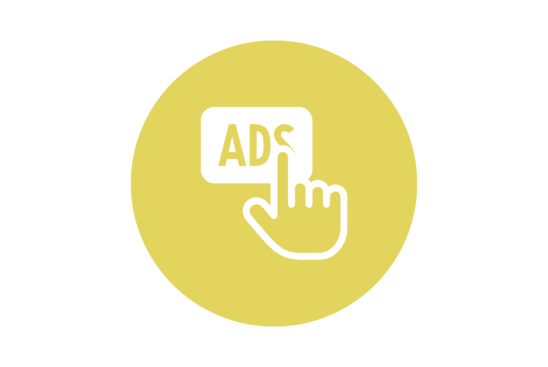 Symbol für Werbung mit Hand, die auf das Wort "ADS" zeigt.